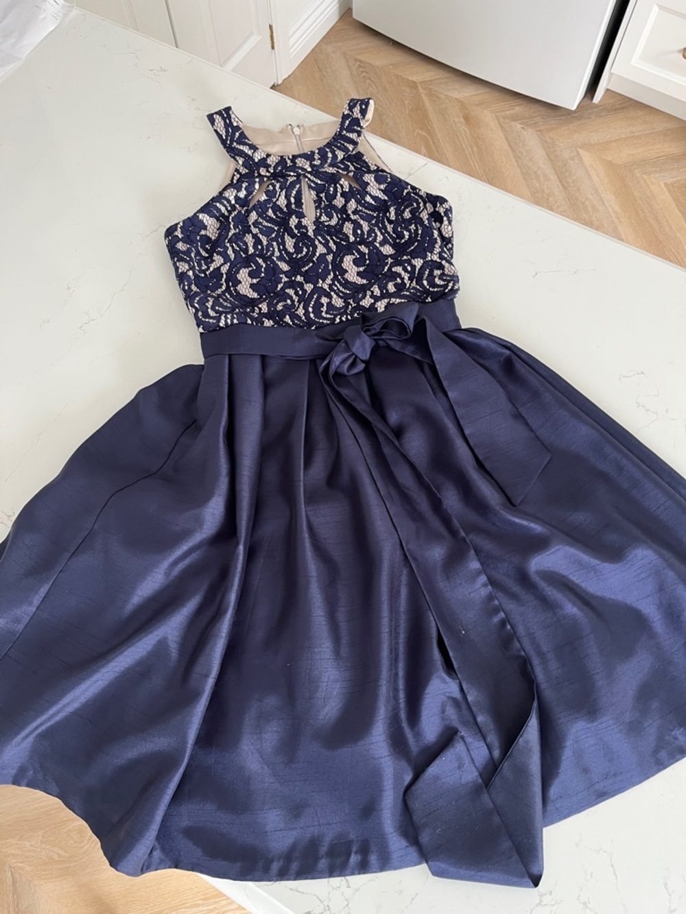 Jessica Howard Navy Dress with Cream Lace Halter Bodice